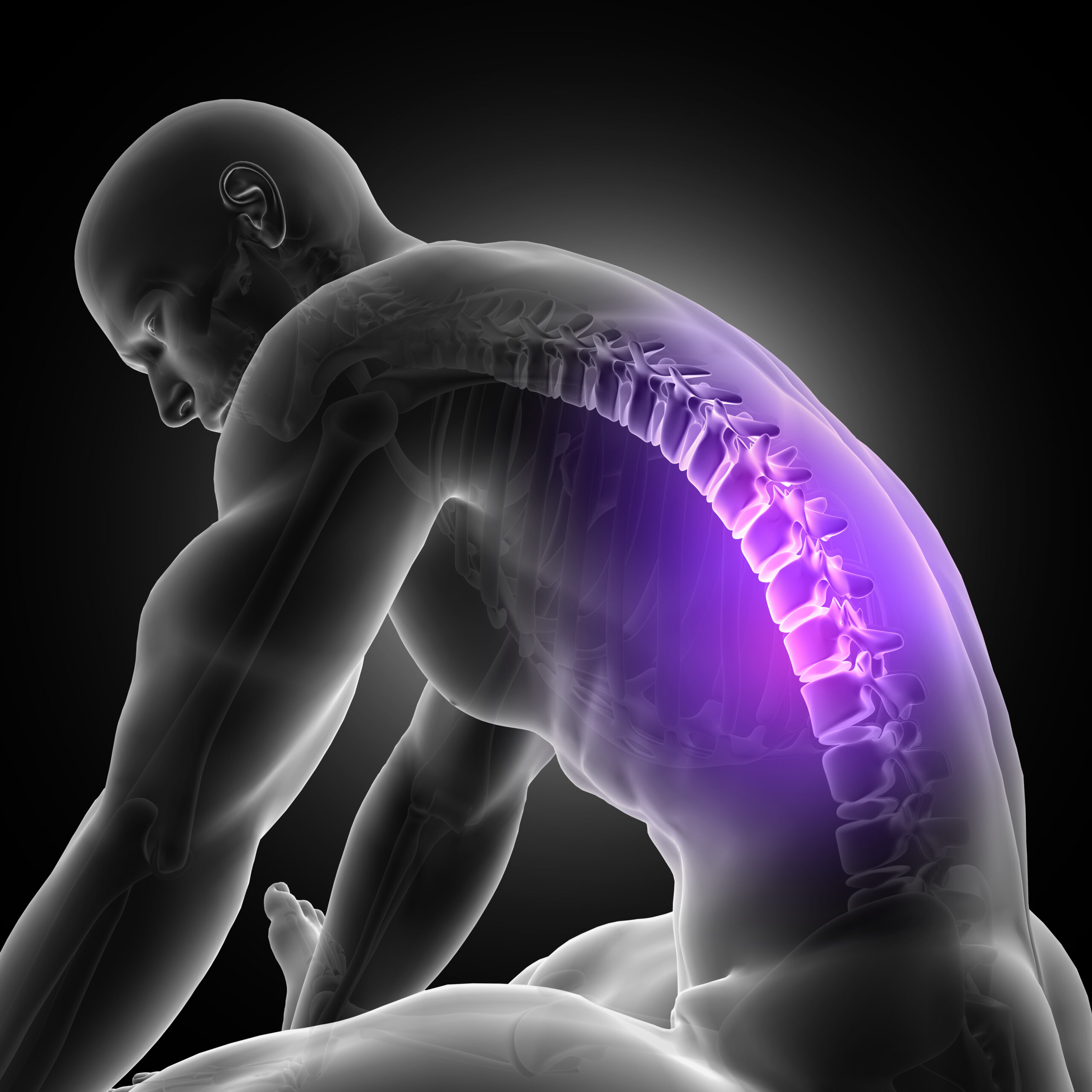 3D render of a male figure leaning over with spine highlighted